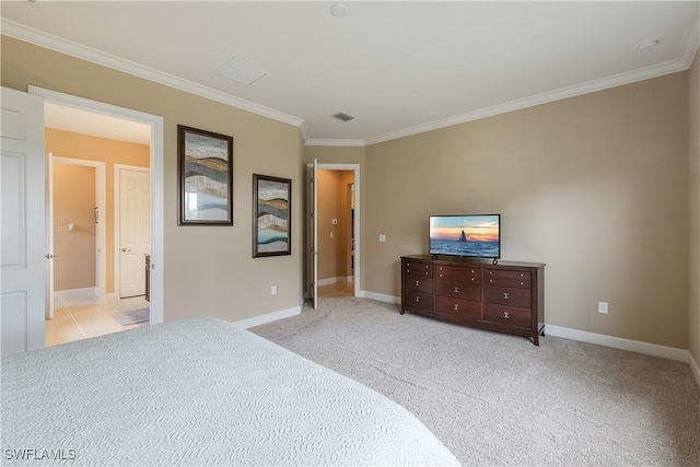 bedroom with ornamental molding and light colored carpet