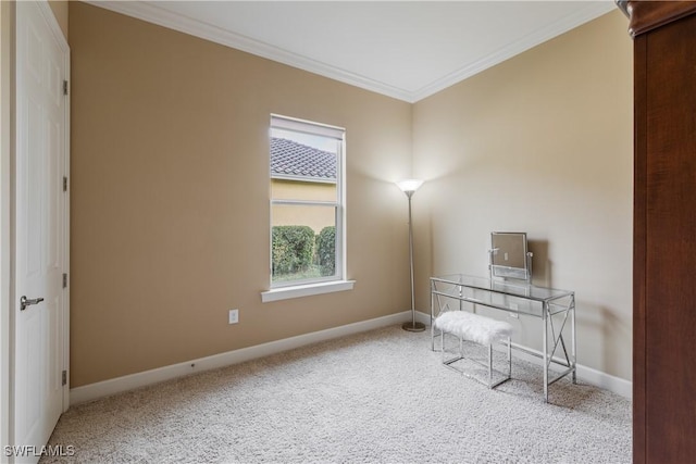 office area featuring light carpet and crown molding