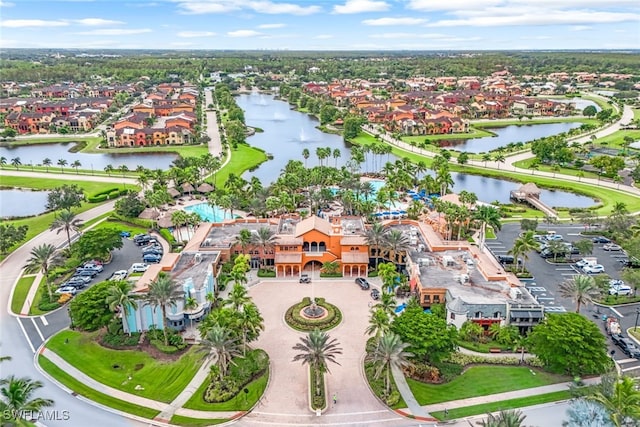 aerial view featuring a water view and a residential view