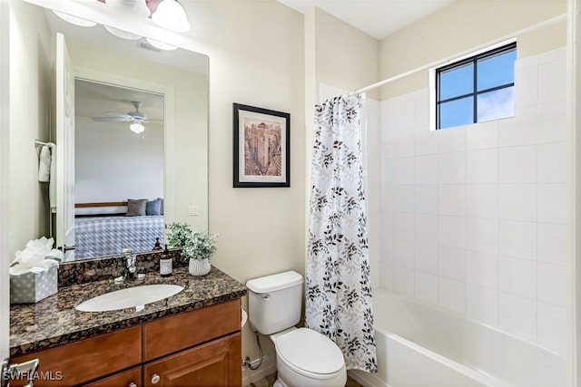 full bathroom with toilet, ceiling fan, vanity, and shower / bathtub combination with curtain