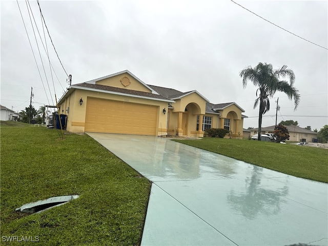 single story home featuring a garage and a front lawn