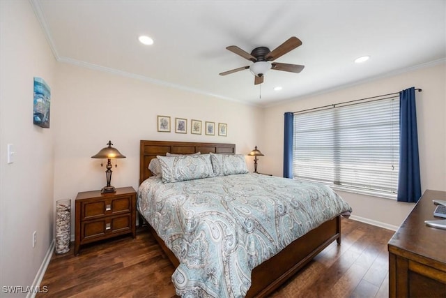 bedroom featuring dark hardwood / wood-style flooring, crown molding, and ceiling fan