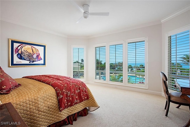 8473 Bay Colony Dr Unit 203, Naples, FL 34108 - bedroom with ceiling fan, carpet flooring, and crown molding
