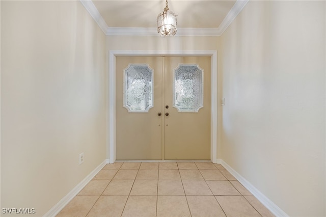 doorway to outside featuring crown molding, light tile patterned flooring, french doors, and a notable chandelier