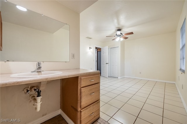 bathroom featuring tile patterned flooring, sink, and ceiling fan