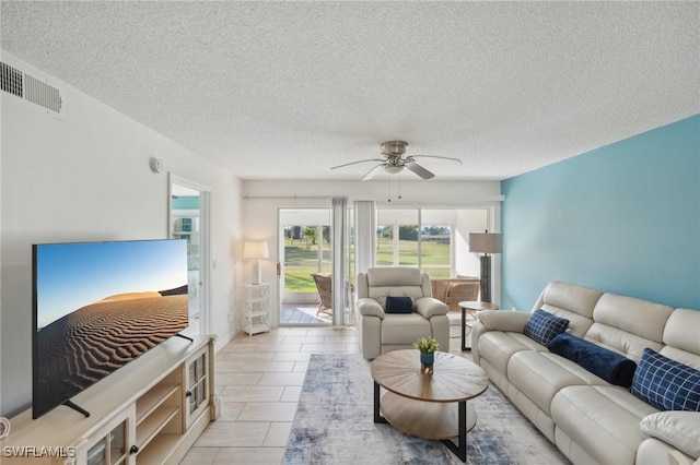 15400 River Vista Dr Unit 301, North Fort Myers, FL 33917 - living room with a ceiling fan, a textured ceiling, visible vents, and light tile patterned floors