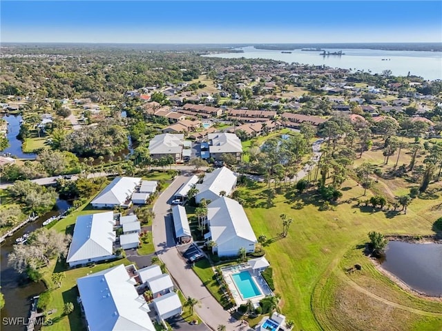 aerial view featuring a water view