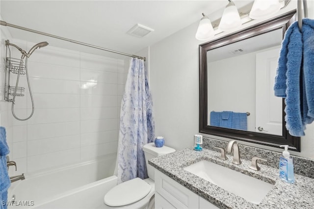 full bathroom with shower / bath combination with curtain, vanity, and toilet