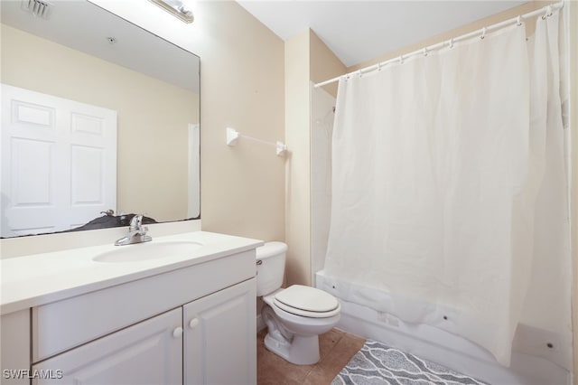 full bathroom featuring toilet, vanity, shower / bathtub combination with curtain, and tile patterned flooring