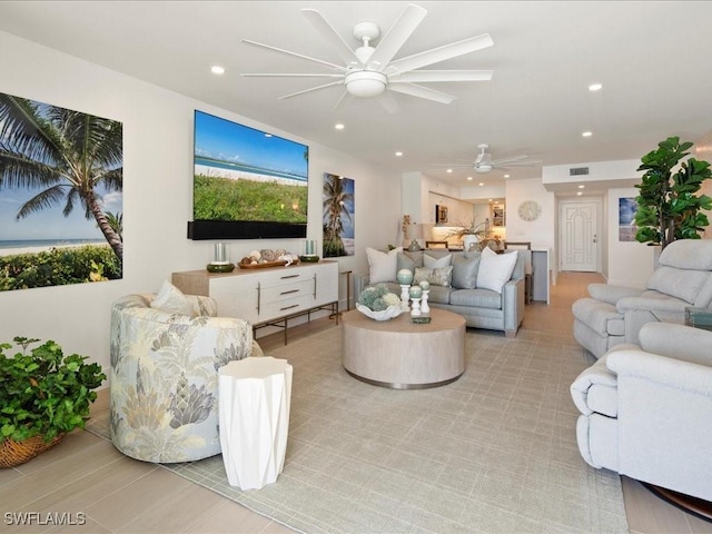 living room with ceiling fan