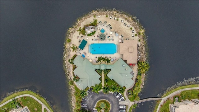 aerial view featuring a water view