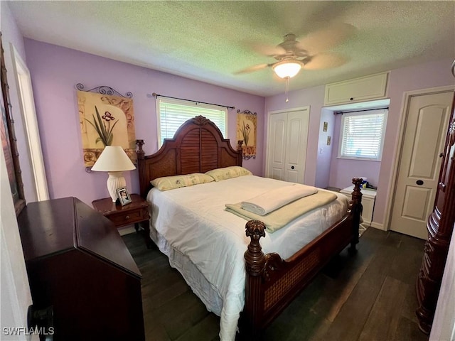 bedroom with multiple windows, dark wood-type flooring, and a textured ceiling