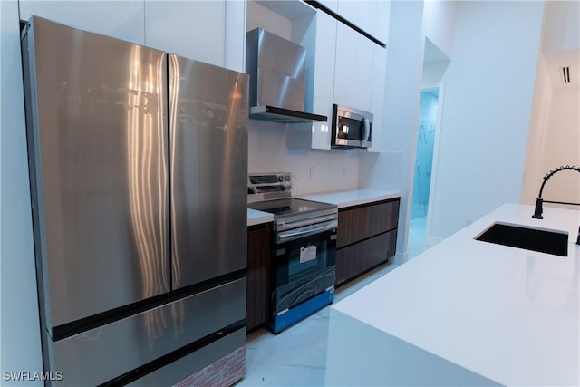 kitchen featuring wall chimney exhaust hood, appliances with stainless steel finishes, sink, and white cabinets