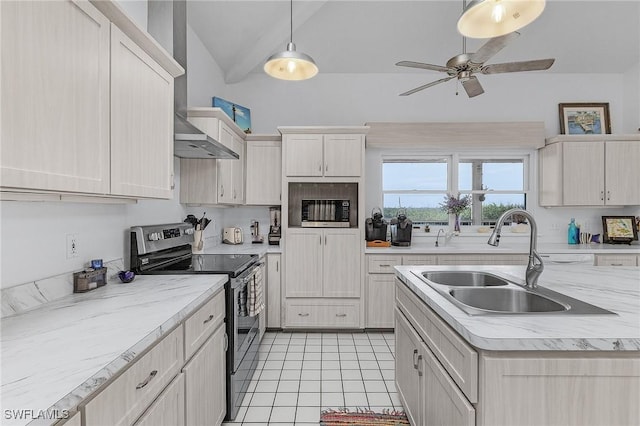 kitchen featuring light tile patterned flooring, sink, vaulted ceiling, hanging light fixtures, and electric range