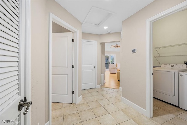 1538 Wilton Ln, Sanibel, FL 33957 - washroom featuring light tile patterned flooring, washer and clothes dryer, attic access, and laundry area