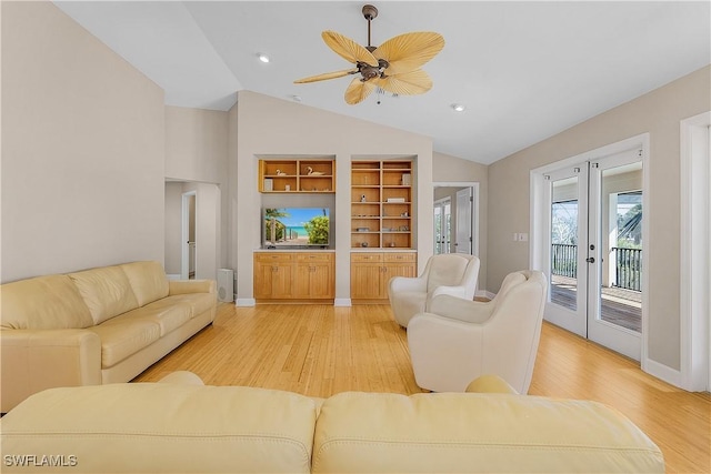 1538 Wilton Ln, Sanibel, FL 33957 - living area with ceiling fan, vaulted ceiling, french doors, and light wood finished floors