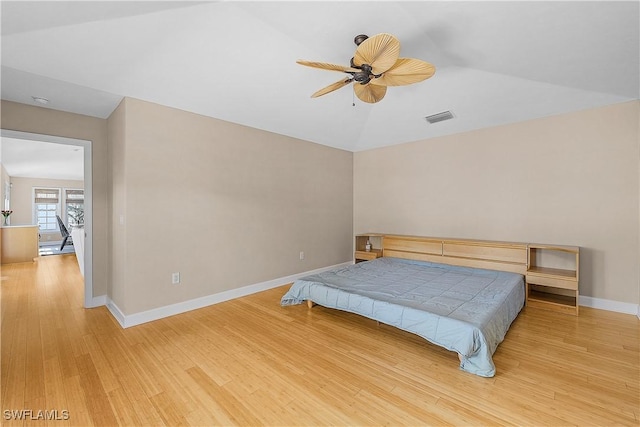 1538 Wilton Ln, Sanibel, FL 33957 - bedroom featuring lofted ceiling, light wood-type flooring, baseboards, visible vents, and ceiling fan