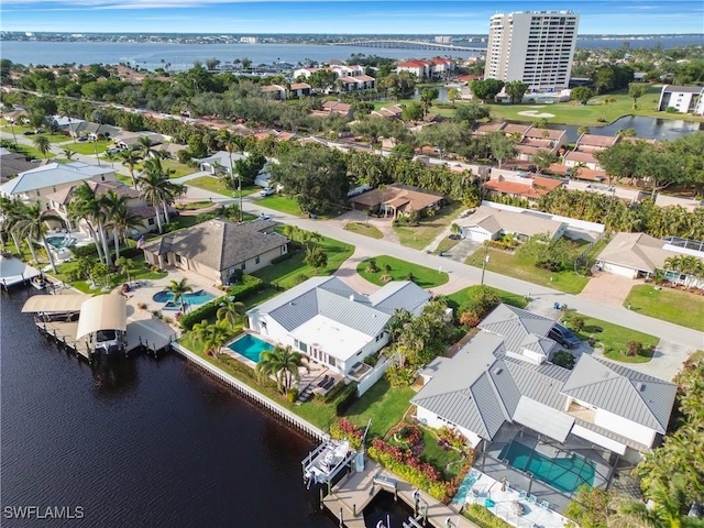 aerial view featuring a water view