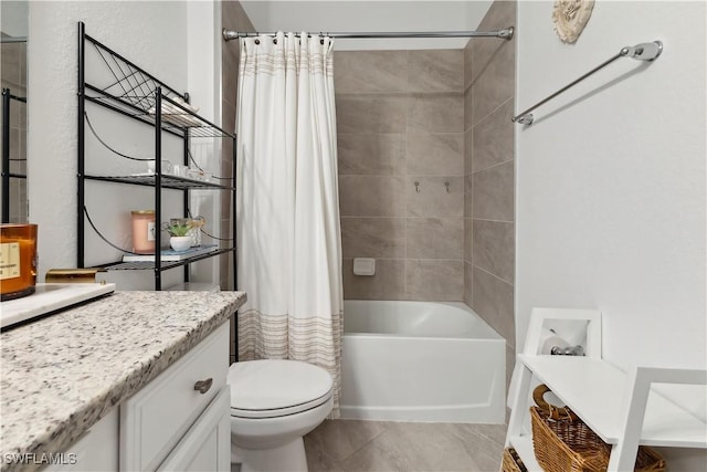 full bathroom with toilet, vanity, and shower / bathtub combination with curtain