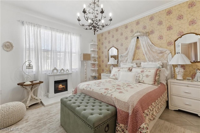 bedroom featuring crown molding and an inviting chandelier