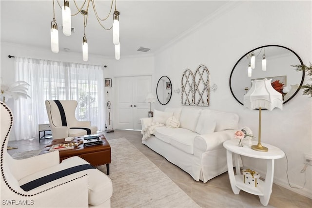 tiled living room featuring crown molding