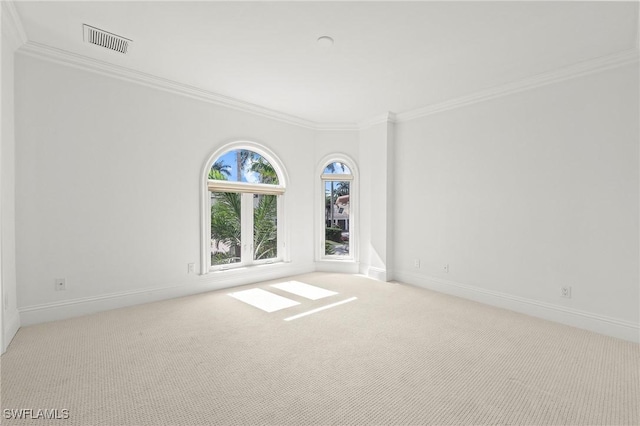 empty room featuring crown molding and light carpet