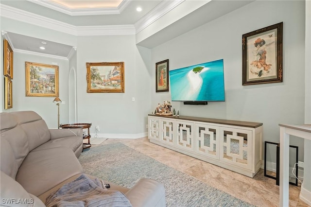 living room with crown molding