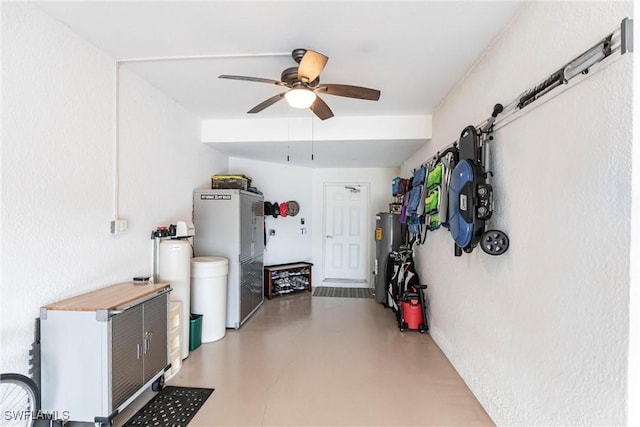 garage featuring ceiling fan and water heater