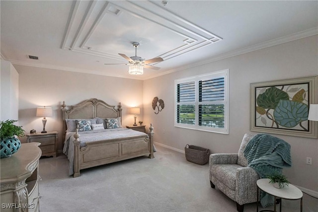 bedroom with crown molding, light carpet, and ceiling fan