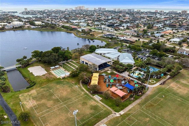 drone / aerial view featuring a water view