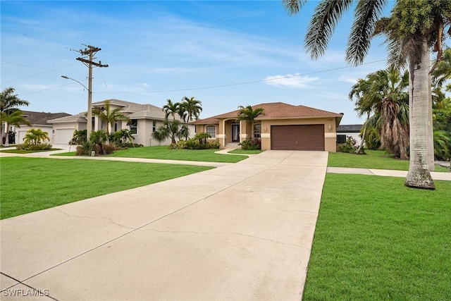 ranch-style home with a front yard and a garage