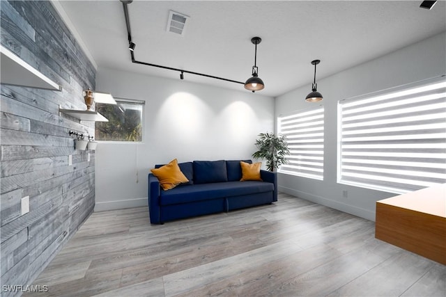 living room with light hardwood / wood-style flooring, a wealth of natural light, and track lighting