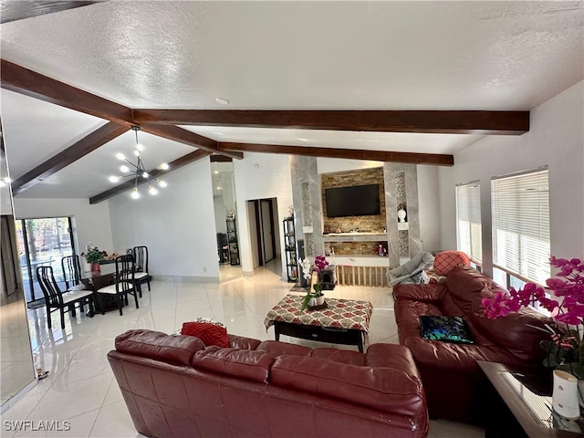 living room featuring vaulted ceiling with beams, an inviting chandelier, a textured ceiling, and light tile patterned floors