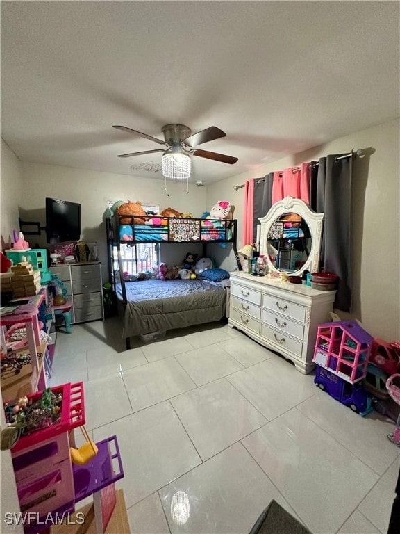 bedroom with light tile patterned floors and ceiling fan