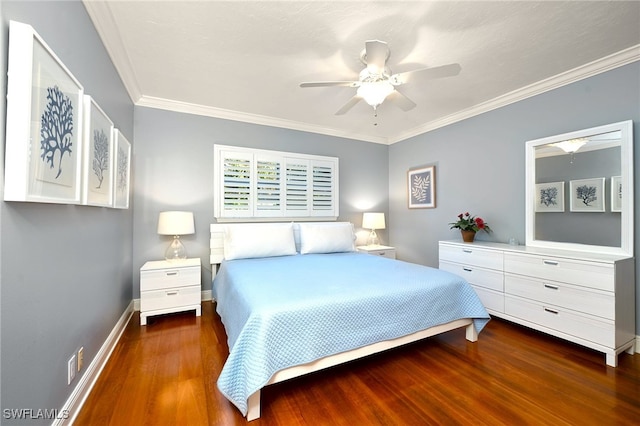 bedroom with ornamental molding, dark hardwood / wood-style floors, and ceiling fan