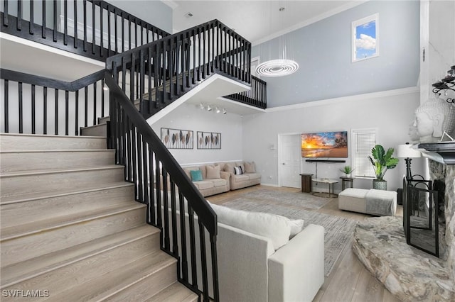 living room with a towering ceiling, ornamental molding, and wood-type flooring