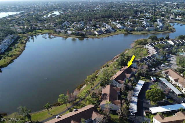 bird's eye view with a water view