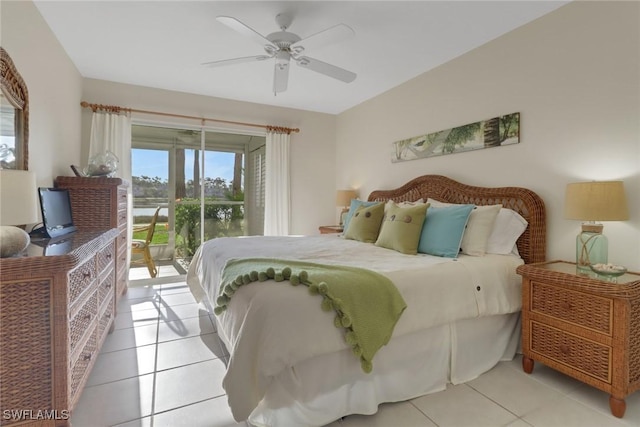 bedroom featuring light tile patterned floors, access to outside, and ceiling fan