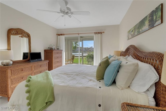 bedroom with ceiling fan and access to exterior