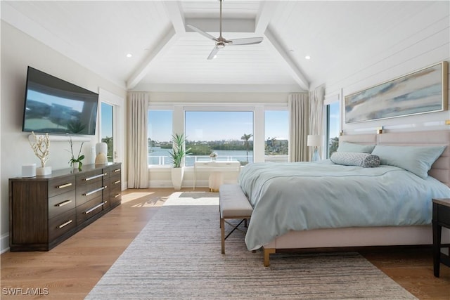 5997 Cypress Ln, Bonita Springs, FL 34134 - bedroom featuring vaulted ceiling with beams, a ceiling fan, recessed lighting, and light wood-type flooring