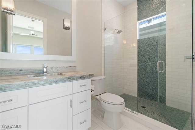 5997 Cypress Ln, Bonita Springs, FL 34134 - bathroom featuring vanity, tile patterned flooring, toilet, ceiling fan, and a shower stall