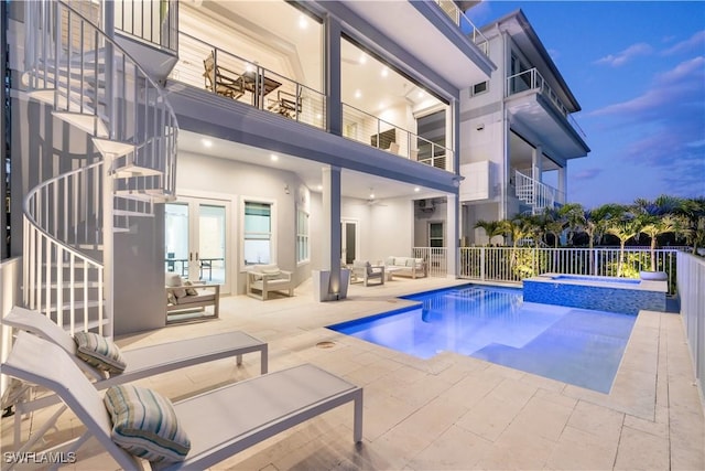 5997 Cypress Ln, Bonita Springs, FL 34134 - view of swimming pool featuring an outdoor hangout area, a ceiling fan, stairway, and a patio