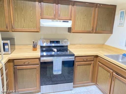 kitchen featuring sink, stainless steel range with electric cooktop, and wood counters