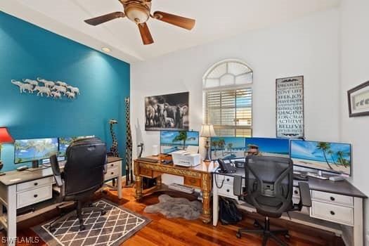 office area featuring hardwood / wood-style floors and ceiling fan