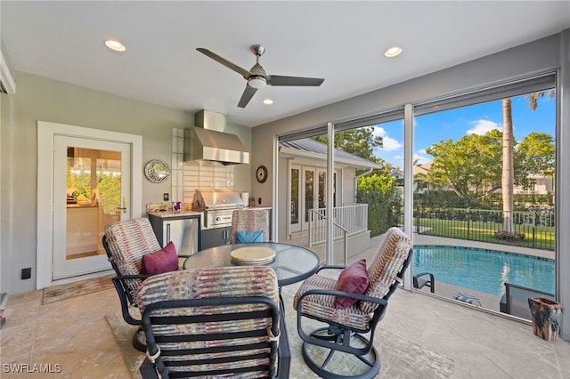 interior space featuring ceiling fan