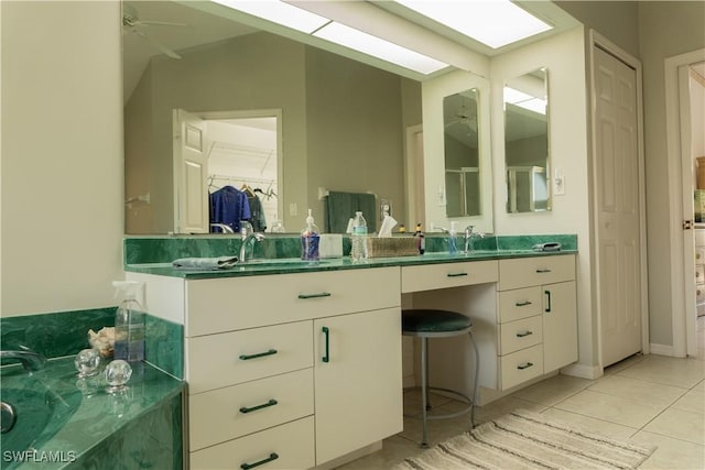 bathroom featuring ceiling fan, vanity, and tile patterned floors