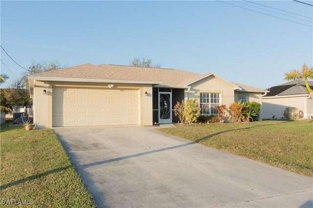 ranch-style home with a garage, central AC, and a front lawn