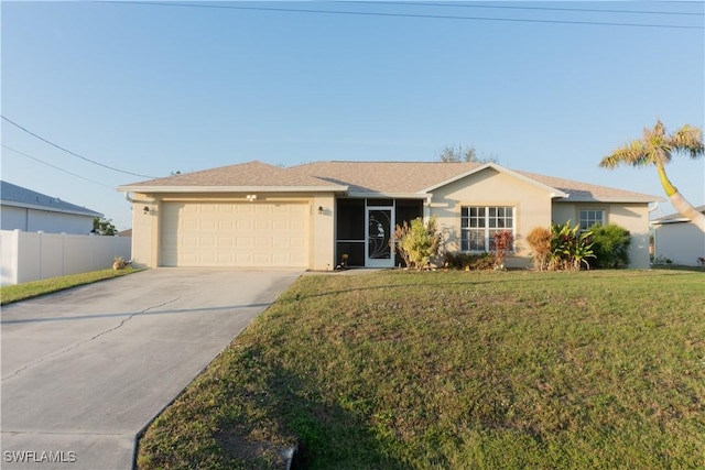 single story home with a garage and a front yard