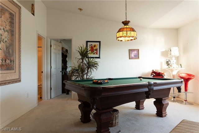 recreation room featuring vaulted ceiling, light carpet, and billiards