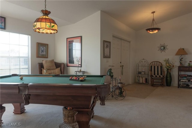 playroom featuring pool table, lofted ceiling, and carpet flooring